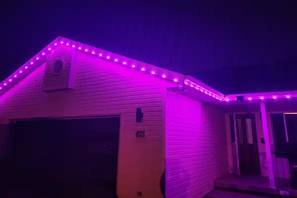 House illuminated by purple LED lights along the roofline at night. The garage door is closed, and the house number "423" is visible on the side.