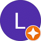 Purple circular avatar with a white capital L and an overlapping small orange badge at lower-right showing a white four-point star.