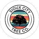 Circular logo with a tree silhouette over horizontal sunset stripes, concentric rings and text SIOUX CITY TREE CO. around the edge