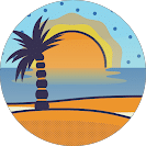 Circular illustration of a beach at sunset: silhouetted palm tree left, layered orange-yellow sky, calm blue sea and sandy shore.